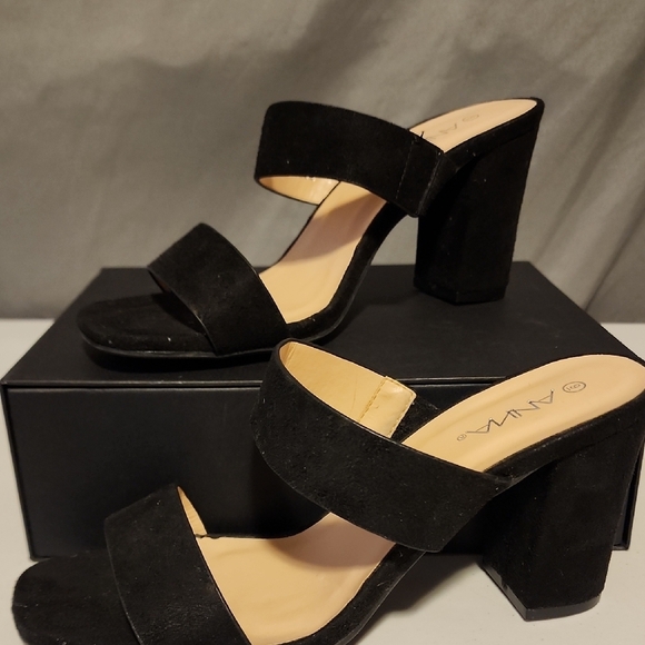 Anna Shoes - Black Block Heel Mules with Suede Straps